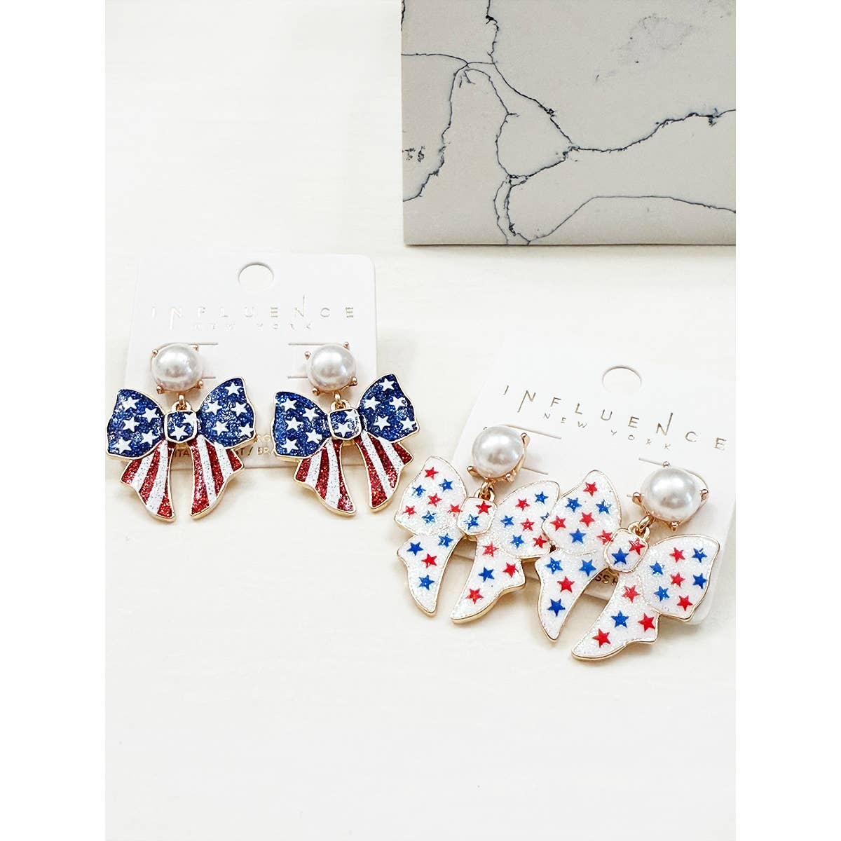 Large USA Theme Patriotic Bow Enamel Earring