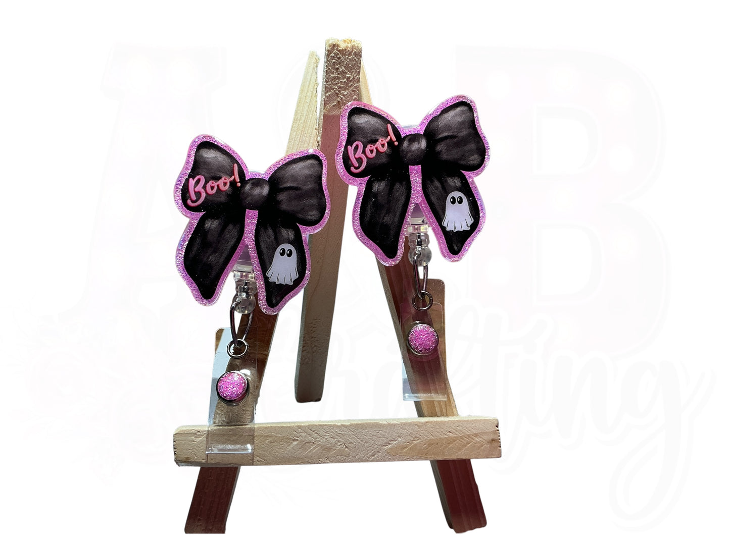 Black Bow with BOO in Pink Badge Reel