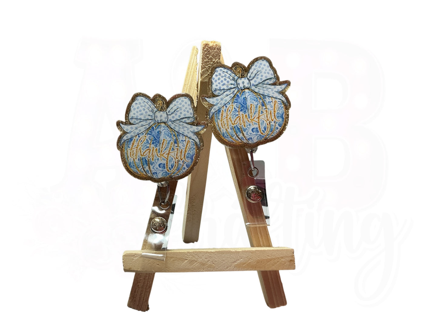 Thankful Blue Floral Pumpkin Badge Reel