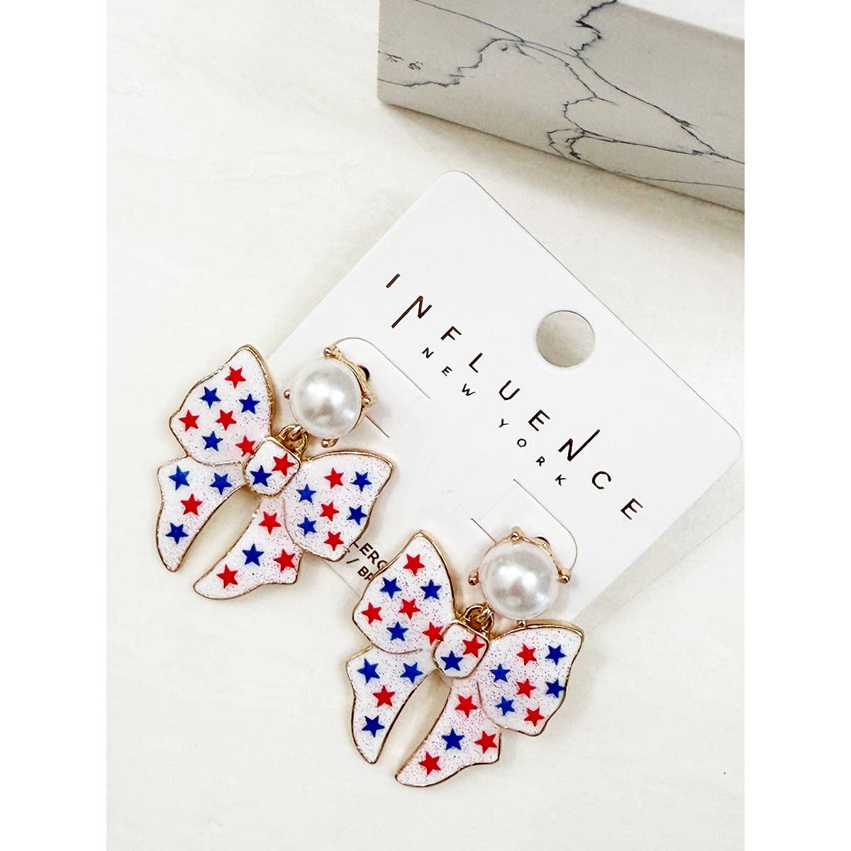 Large USA Theme Patriotic Bow Enamel Earring