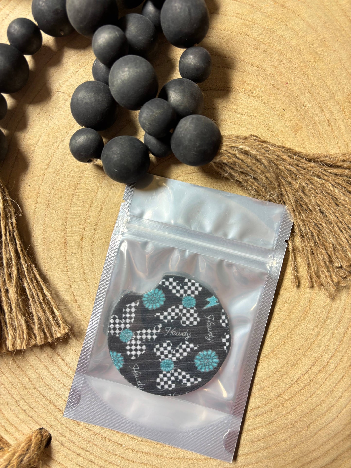 Turquoise Concho & Checkered Bow Car Coasters 