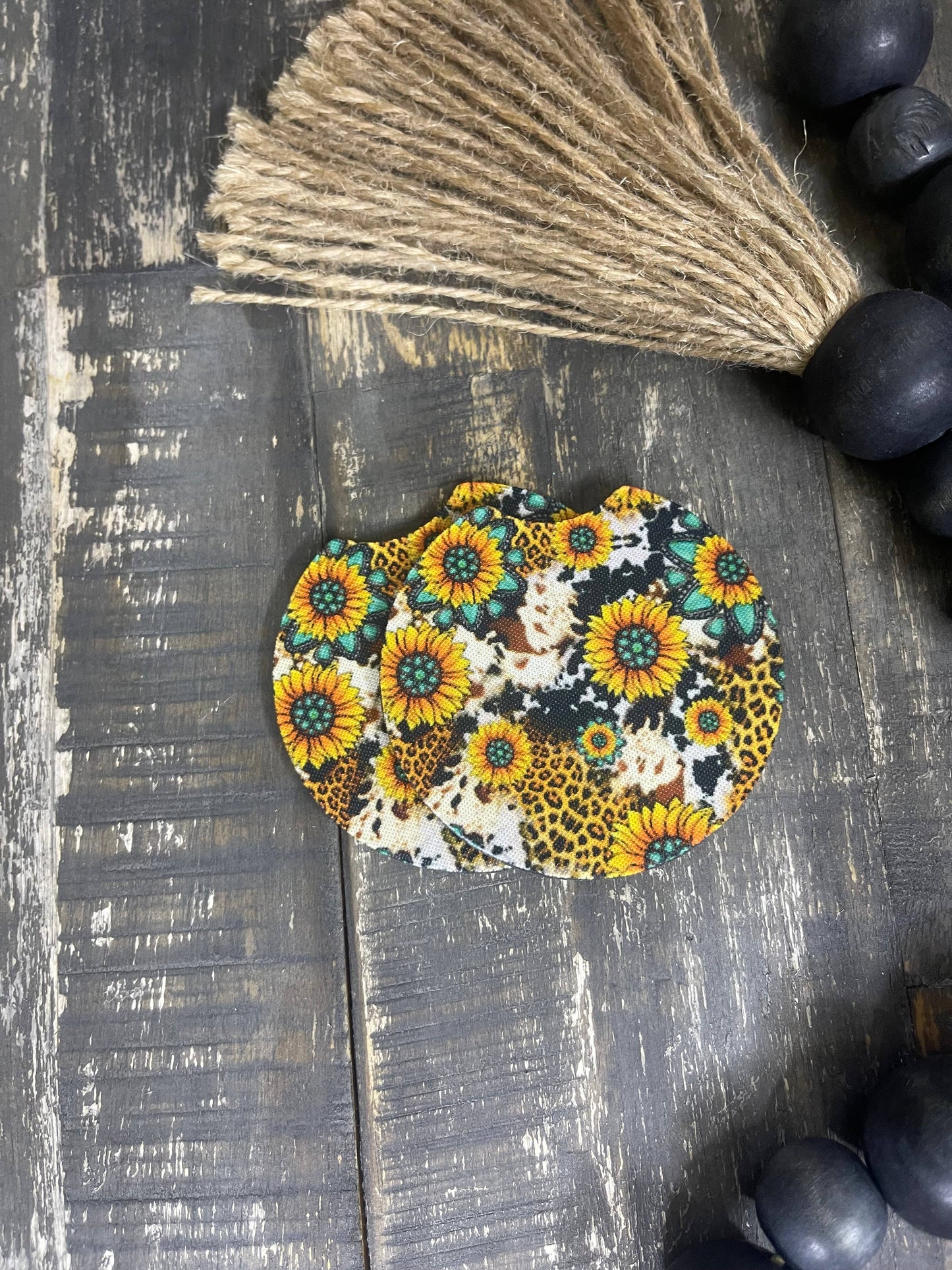 Cow Print & Sunflowers Car Coasters