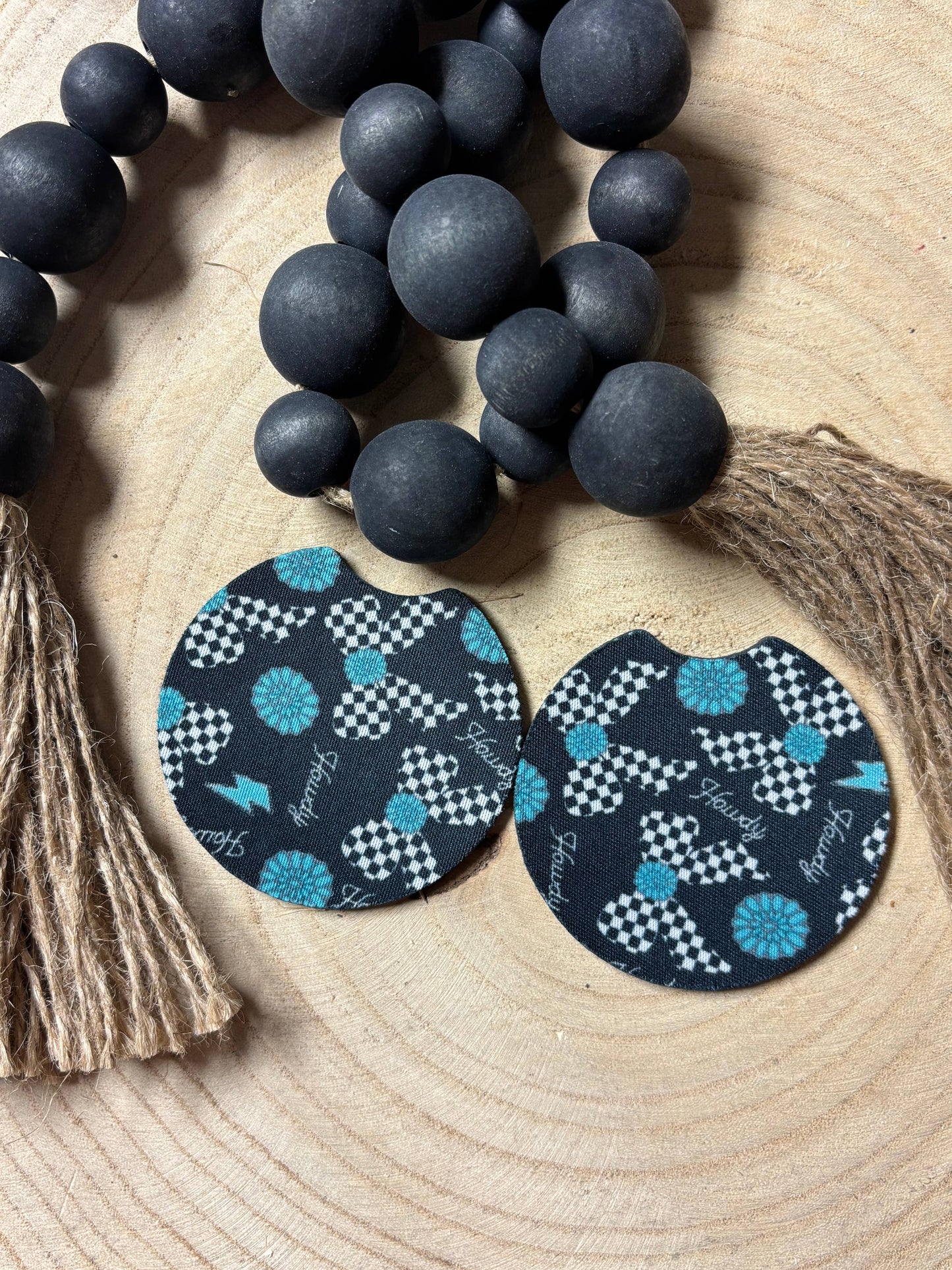 Turquoise Concho & Checkered Bow Car Coasters 
