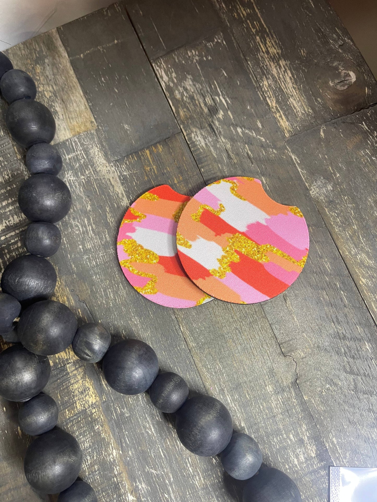 Pink Orange & Gold Checkered Car Coasters