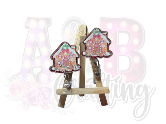 Cute Gingerbread House Dry Shaker Badge Reel