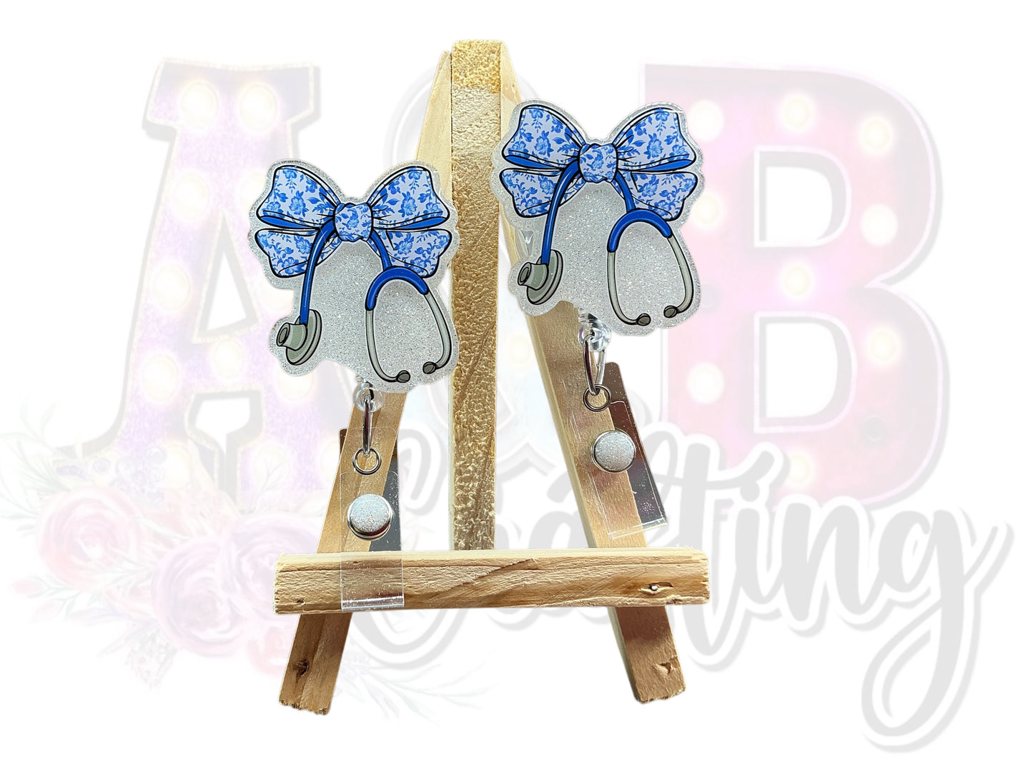 Blue Floral Bow Stethoscope Badge Reel