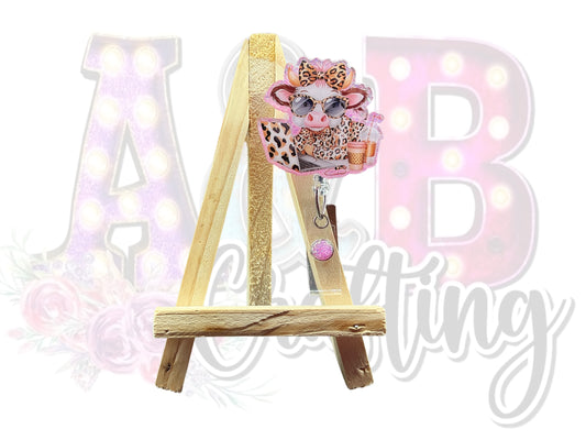 Pink leopard Cow with Laptop Badge Reel