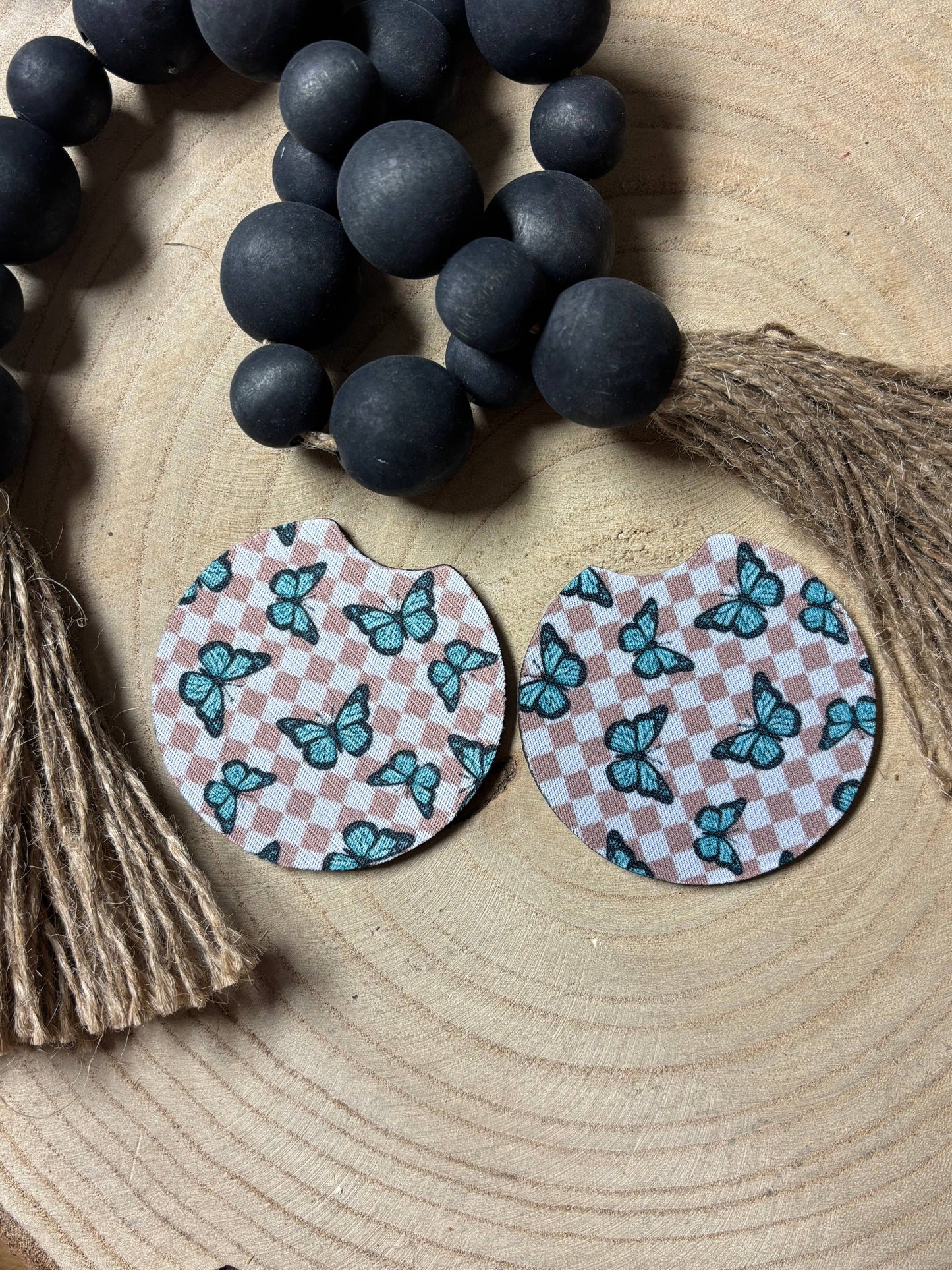 Butterflies & Tan Checkered Car Coasters 