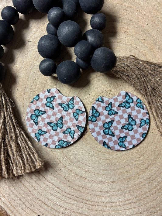 Butterflies & Tan Checkered Car Coasters 
