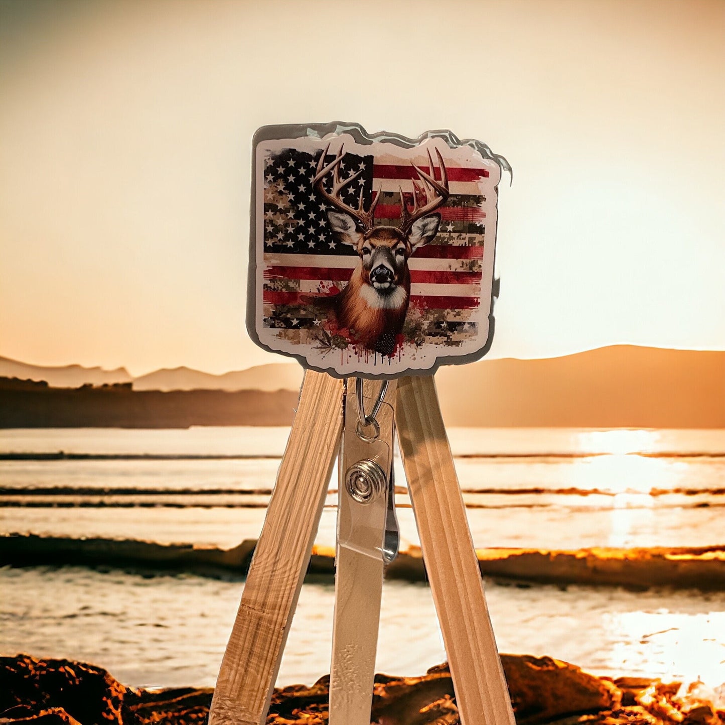 Deer with American Flag Badge Reel