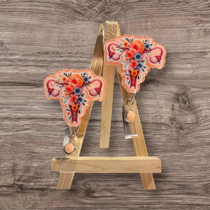 Floral Uterus Peach Badge Reel