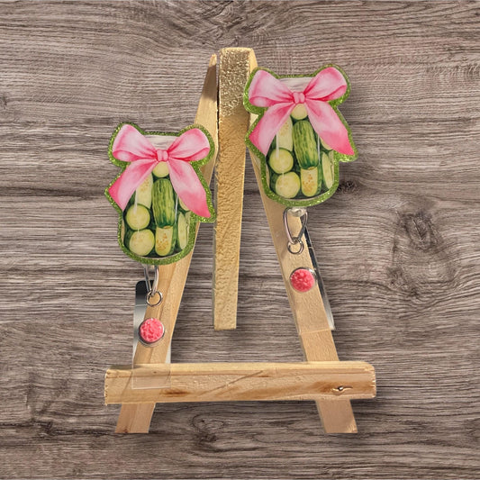 Pickle Jar with Bow Badge Reel