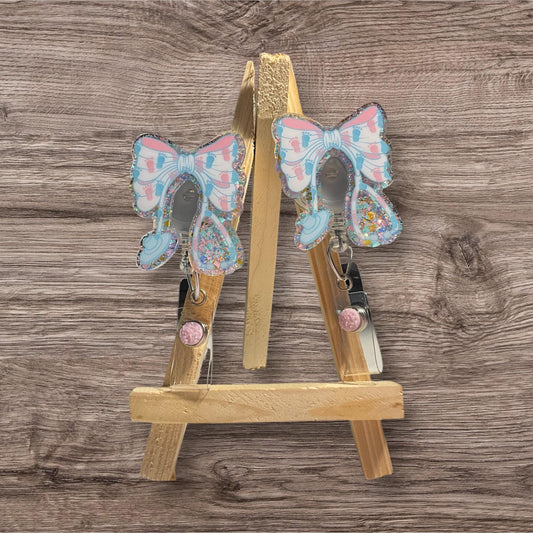 Pink and Blue Baby Feet Bow Badge Reel